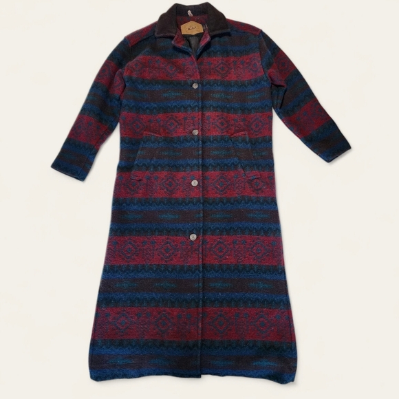Woolrich Vintage 70s Wool Blanket Coat Duster Geometric Navajo Pattern Small - Picture 1 of 10